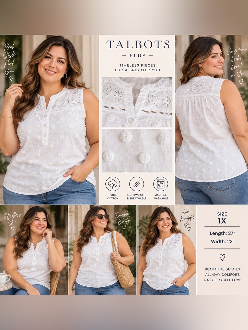 Talbots Plus Women’s 1X White Cotton Puff Dot Embroidered Eyelet Sleeveless Top
